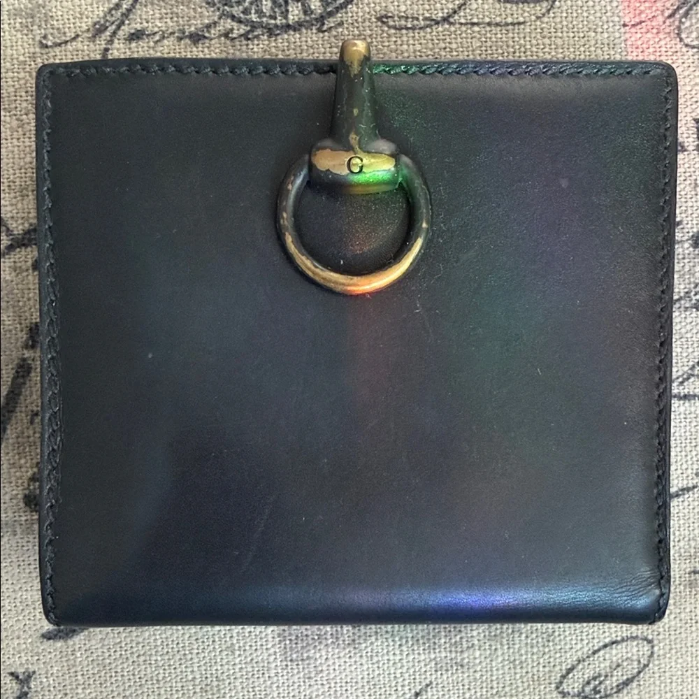 Gucci Black Leather Bifold Wallet w. Brass Ring Horsebit Accent Hardware Vintage